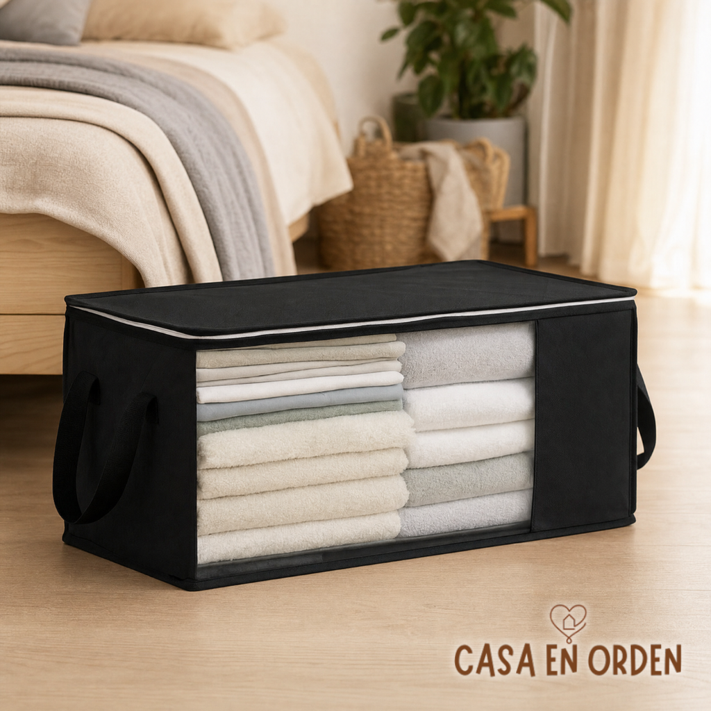 Caja Canasto de Tela con Visor Transparente Negro